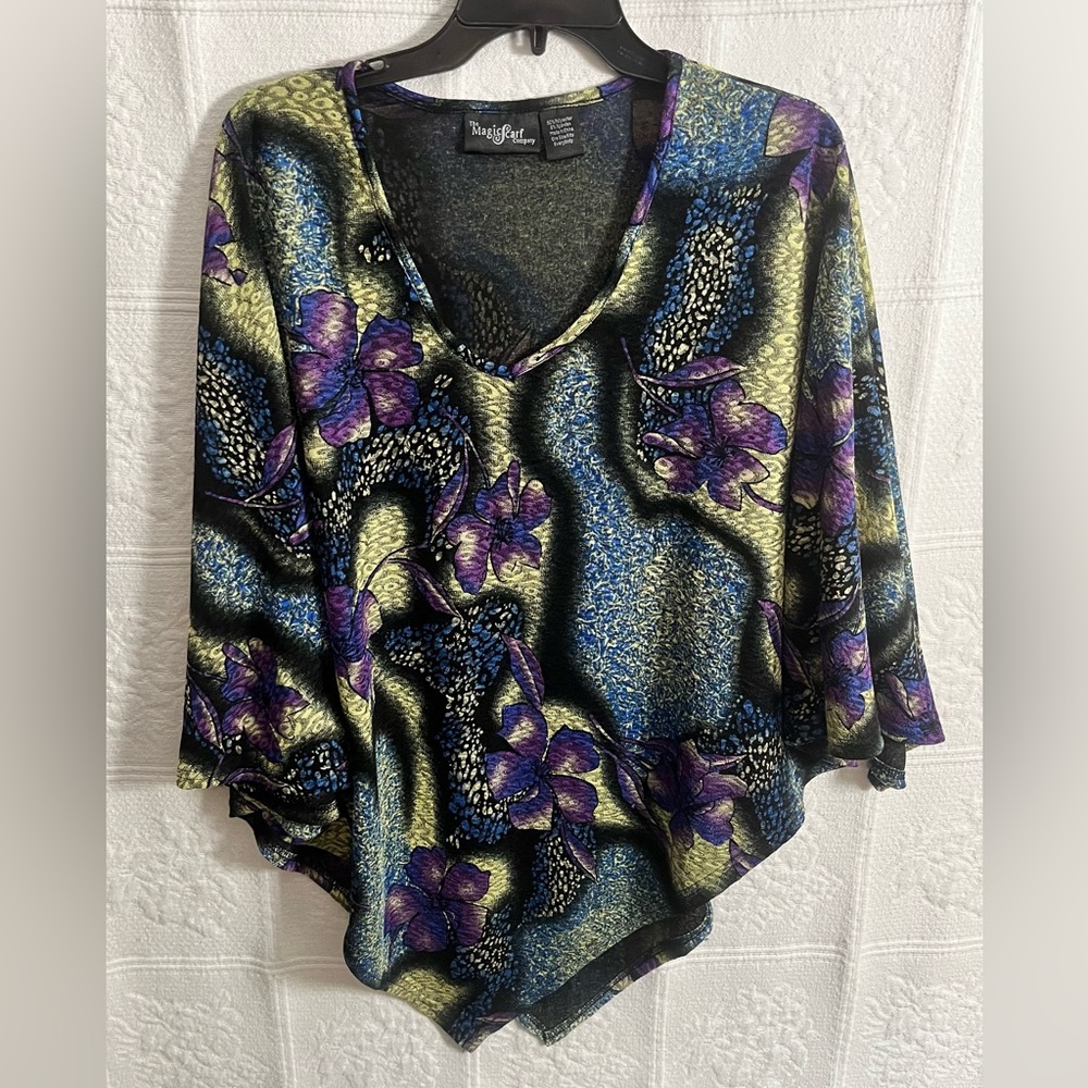 Magic Scarf Artistic Purple Green 3/4 Sleeve Asymmetrical Blouse OSFM